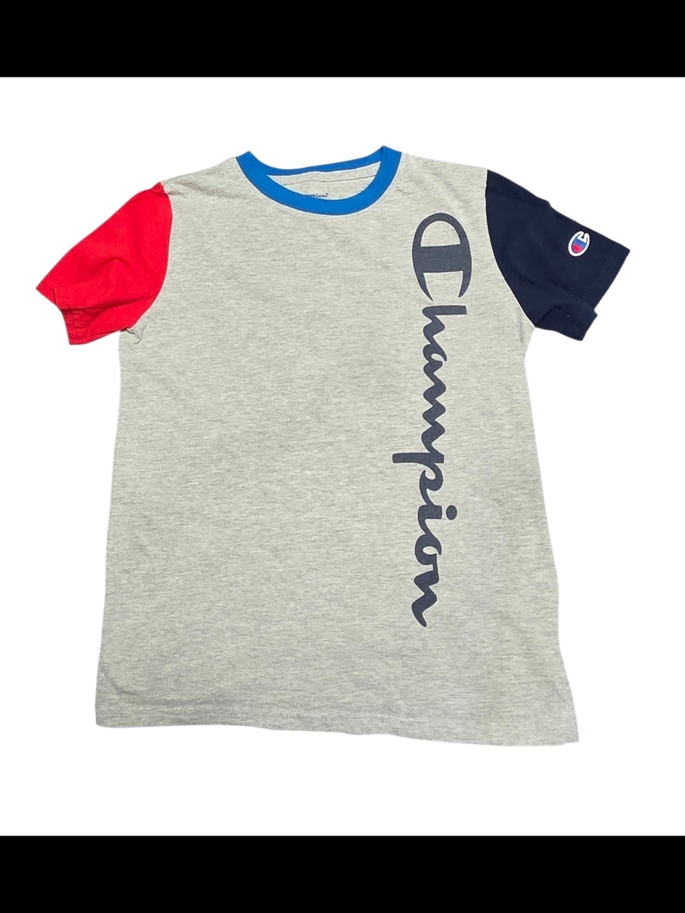 Champion Kids Grey Tee with Red & Navy Sleeves and Blue Neck